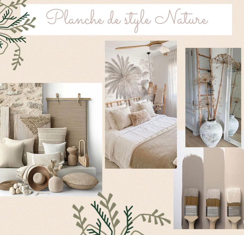 Planche de tendance décoration nature par Sandra Zack, décoratrice Asdeladeko Rochefort